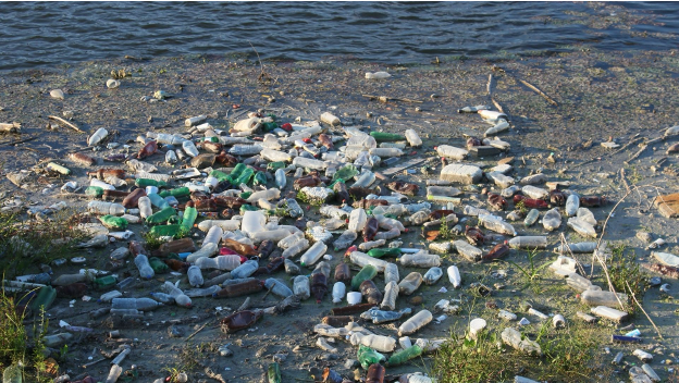 Tumpukan sampah botol plastik yang mencemari lingkungan di tepi perairan gambar O2 Consulting